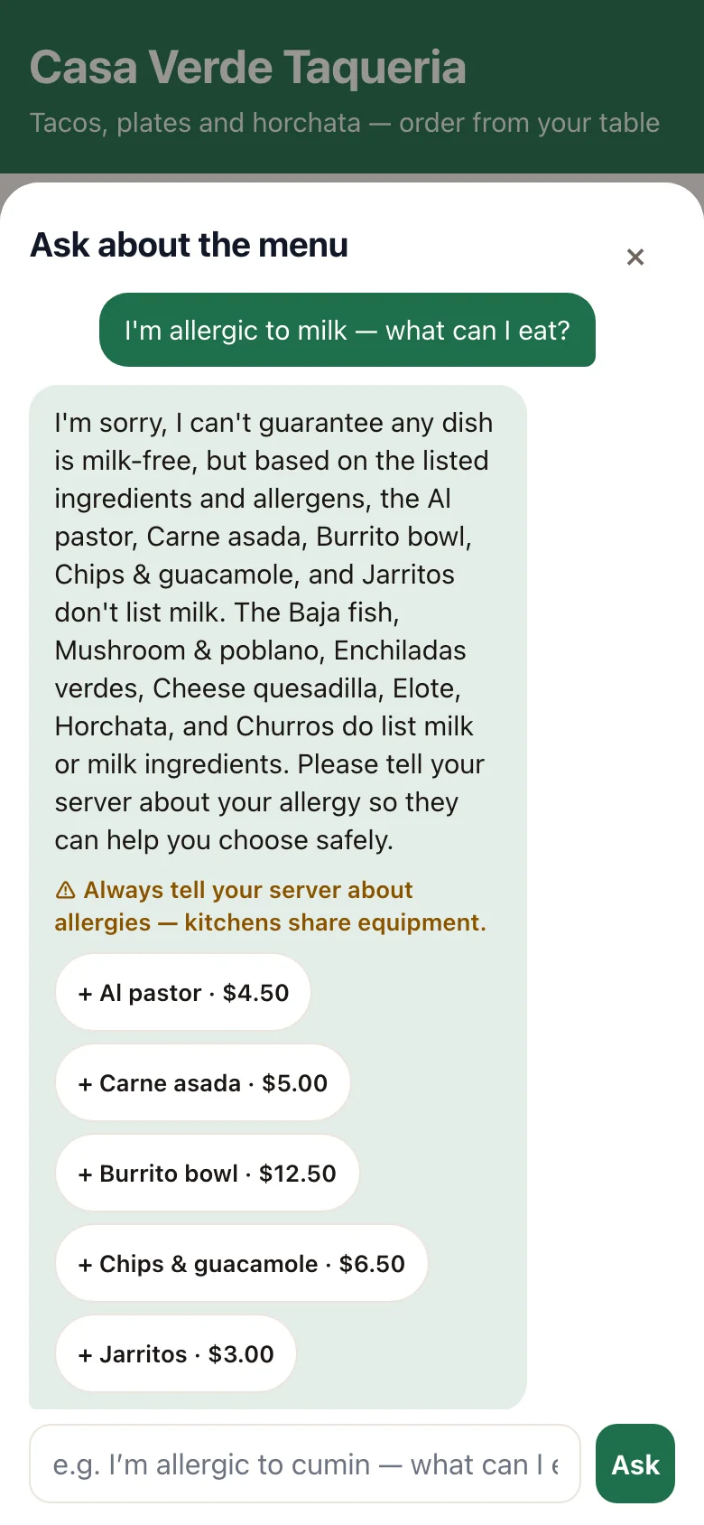 A guest asks which dishes have no milk and gets an answer from the restaurant's own ingredients