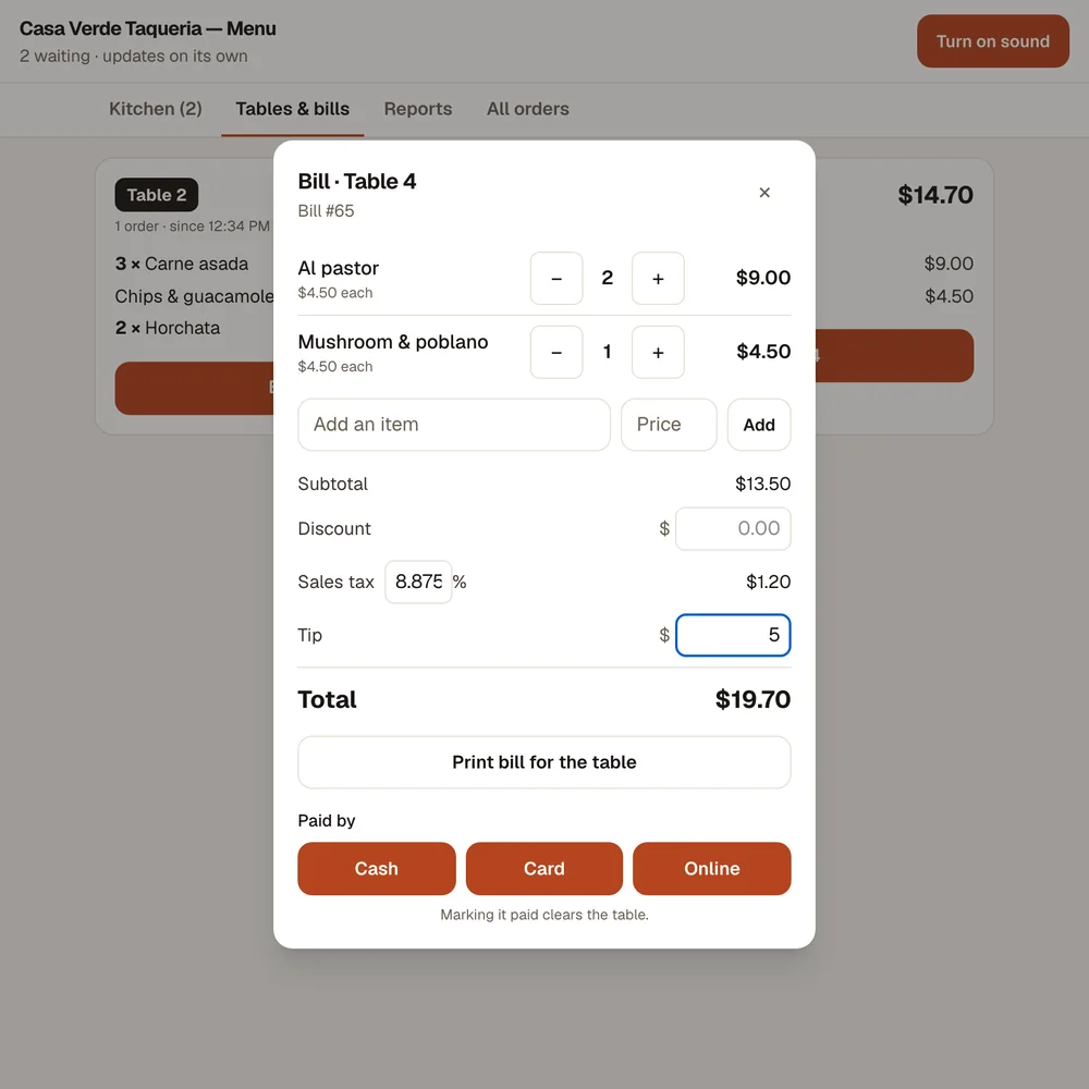 A bill for table 4 with tax and tip