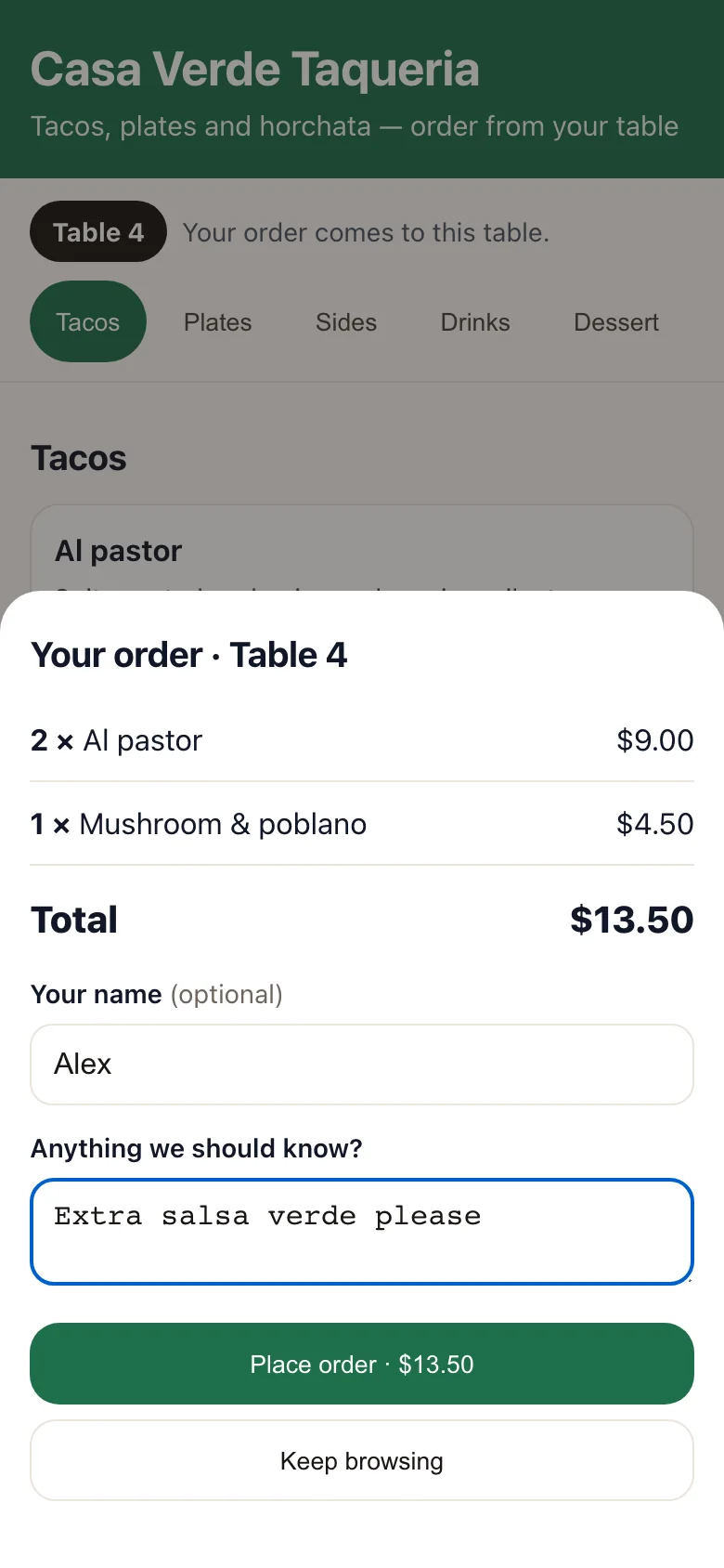 A guest's order on their phone, ready to send