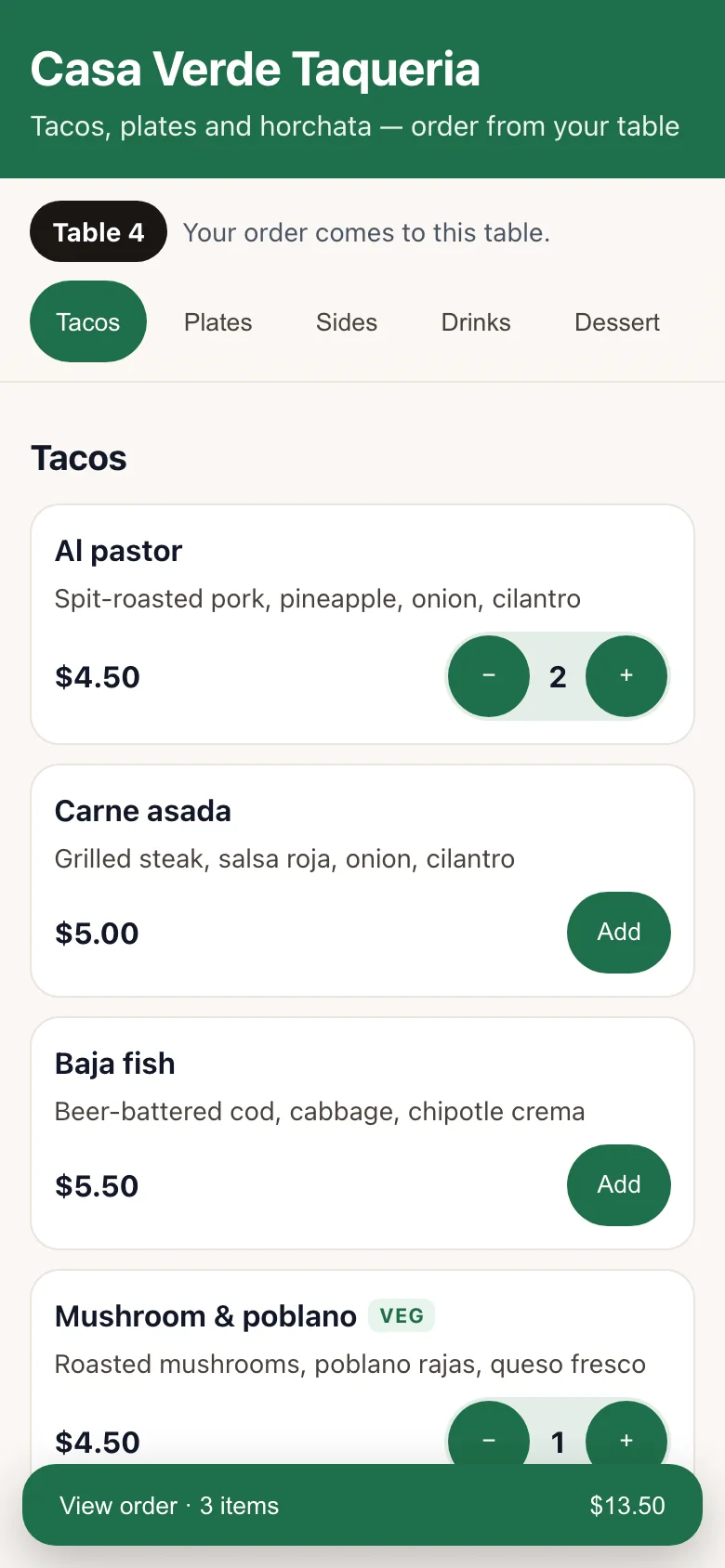The guest's menu on a phone, with the table number