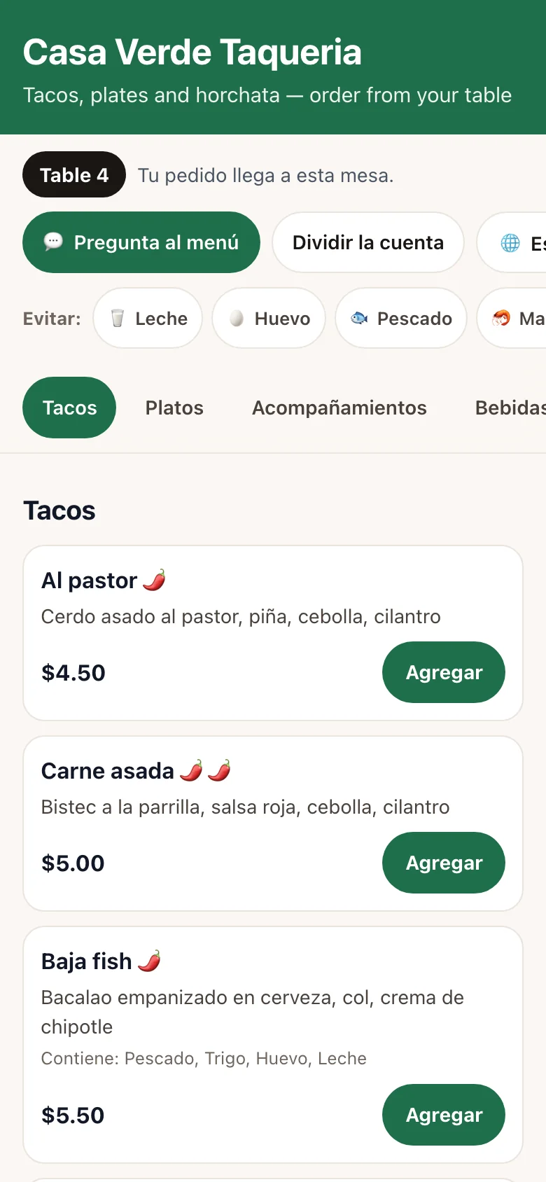 The same menu shown in Spanish