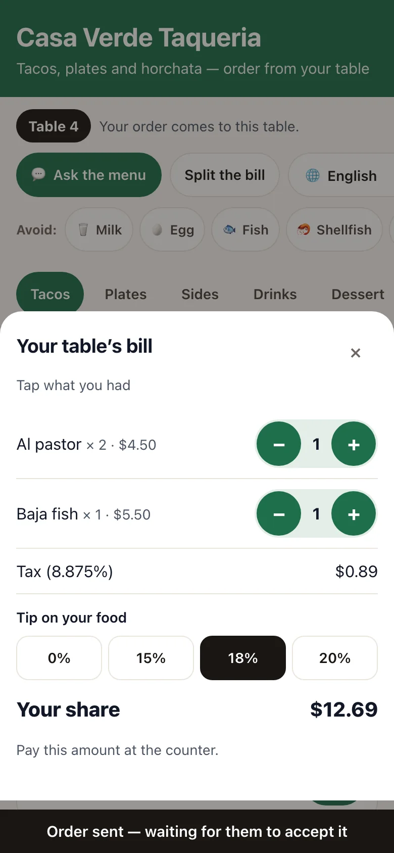 A guest's share of the table's bill with tax and tip