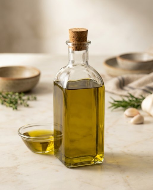 a bottle of olive oil restaged — Marble counter