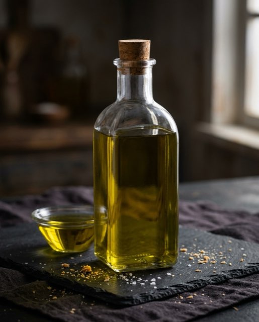a bottle of olive oil restaged — Slate board